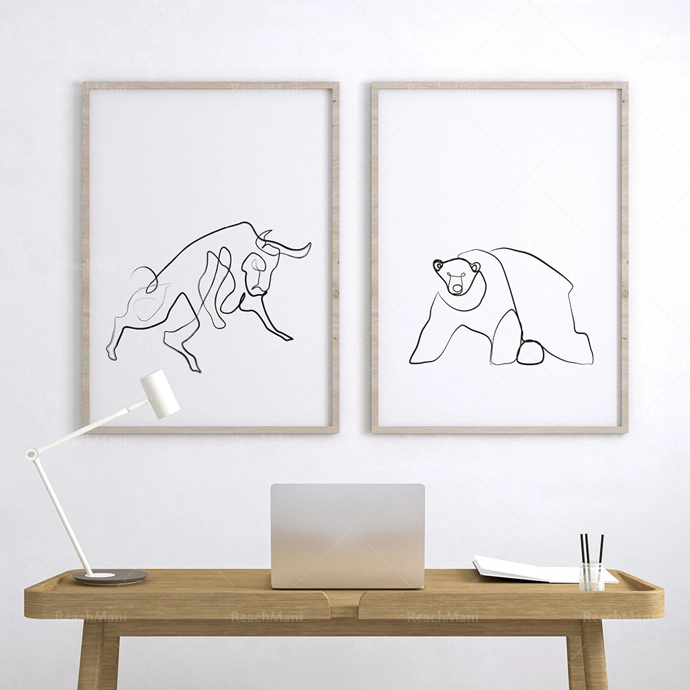 

Charging Bull Bear Art Print, Picasso Line Art, Running Stock Market Gift Trader Stock Broker Bull Run Office Wall Decor Poster