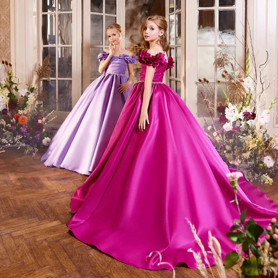 

Gorgeous Satin Off Shoulder Beading Floor Length Flower Girl Dress For Wedding Princess Birthday Pageant First Communion Dresses