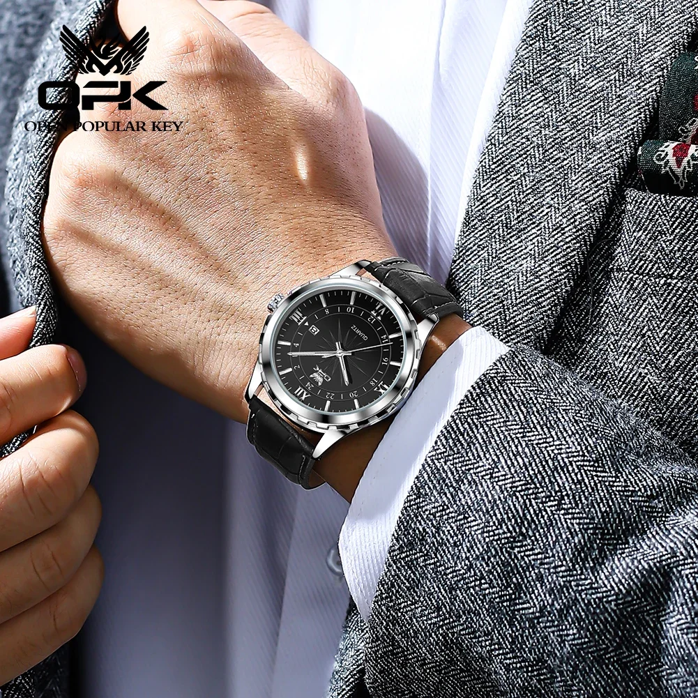 OPK 6003 New Fashion Retro Quartz Watch For Men Waterproof Luminous Calendar Leather Man Wristwatch Luxury Original Mens Watch