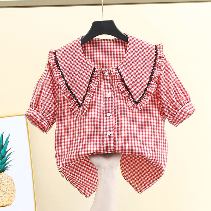 

Женская летняя новая свободная блузка в клетку с коротким рукавом, воротником Питер Пэн, во французском стиле, на одной пуговице, универсальная