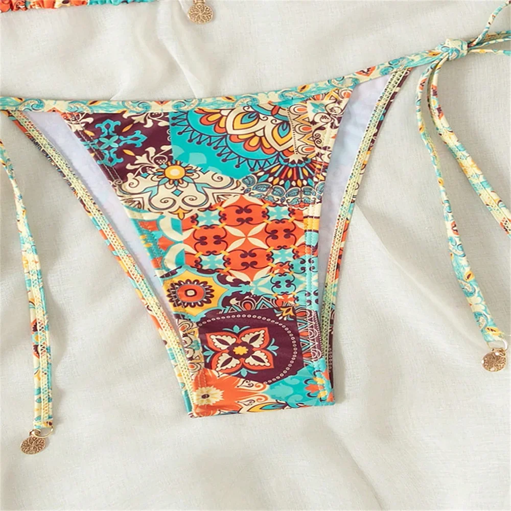 Sexy Boho Stampa Bikini Halter String Backless Lace Up Y2K Costume da bagno Costumi da bagno Vacanza Outfit Costume da bagno Donna Beach Bikini Set