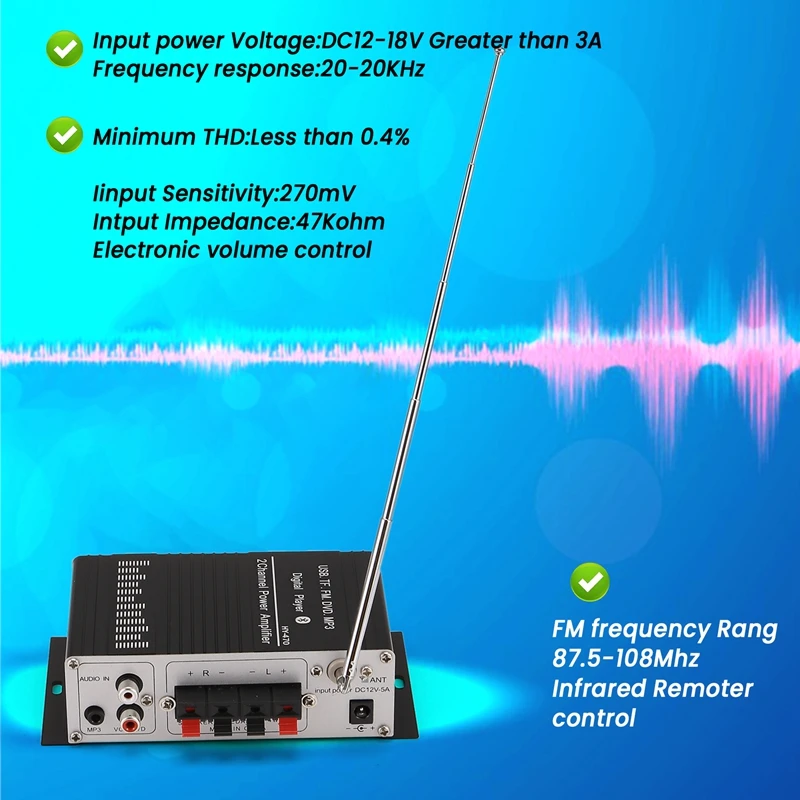 12V เครื่องขยายเสียงดิจิตอล Bluetooth 5.0 HIFI Treble และ Bass Audio AMP 20Wx2 สําหรับโฮมเธียเตอร์ Club Car Party