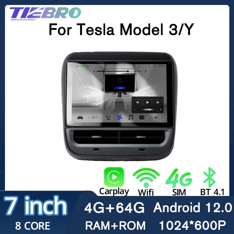 Tiebro 7inch For Tesla Model 3 Model Y Android 12 Touch Display Screen Rear Seat Entertainment System Video AC Control AC Panel