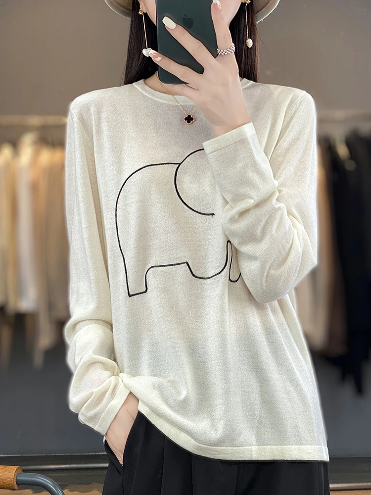 100% ميرينو الصوف المرأة البلوز سترة الكرتون الخريف الشتاء س الرقبة متعدد الألوان طويلة الأكمام فضفاضة ملابس خارجية موضة لينة القمم