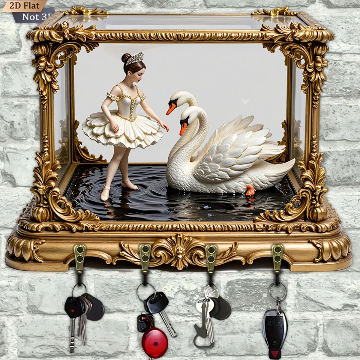 2D Flat, 1pc, Swan Ballet Key Hook Wooden Multifunctional Home Key Rack with Four Metal Hooks, Wall Decoration, Porch