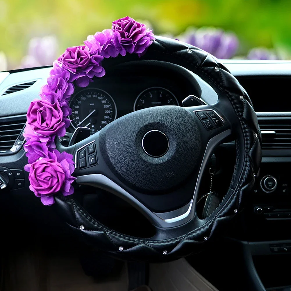 38cm Luxury Lace Flower Car Steering Wheel Cover with Rhinestones Anti-Slip Leather Auto Steering-wheel Cover for Women Grils