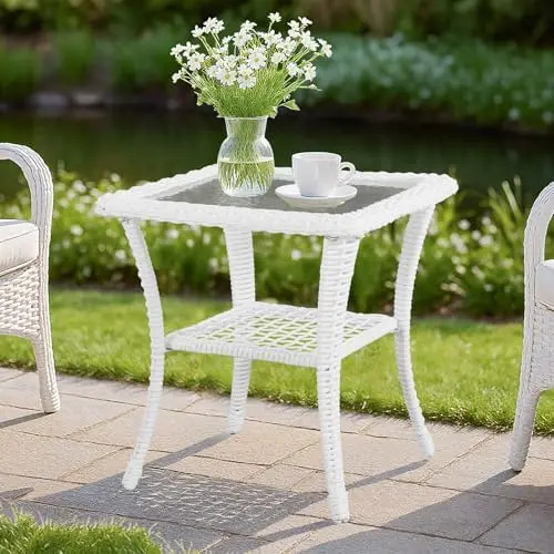 Wicker Outdoor Side Table, All-Weather Patio Rattan Side Table with Tempered Glass Top and Storage Shelf, Small Patio