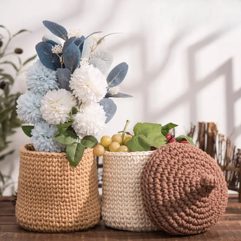 

Hand-Woven Storage Basket Cotton Rope Crocheted Plant Potted Plant Decorative Tabletop Small Ornament Cosmetics Storage Basket