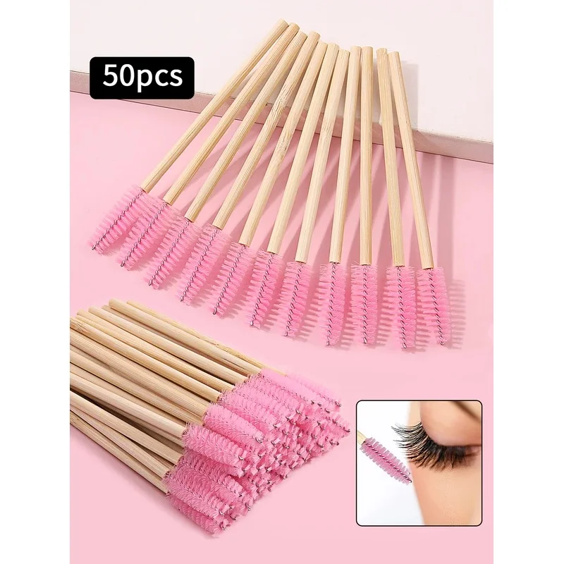 50Pcs Bamboo Handle Eyelash Brush Makeup Brush Eyelash Extension Mascara Wands Applicators Eye Lash Curling Comb Makeup Tools ﻿