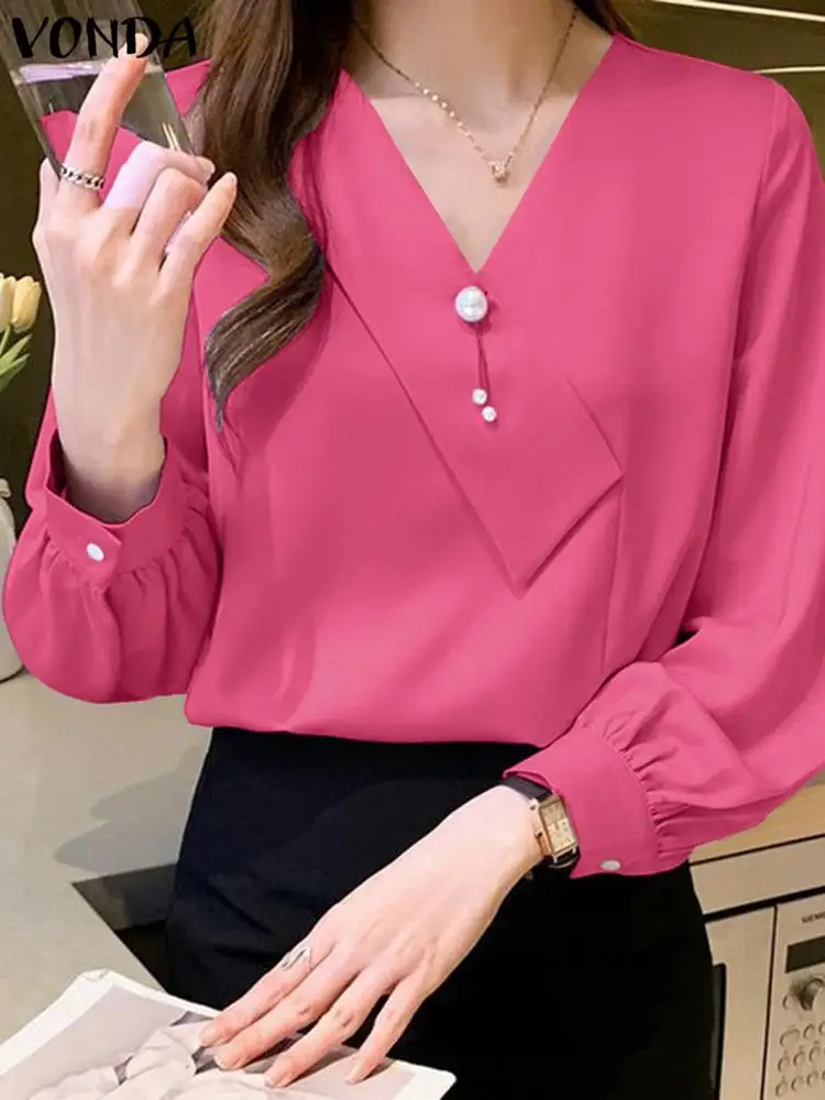 VONDA 2024 Summer Spring Solid Color Shirts Women Elegant Blouse Fashion Office Lantern Sleeve V Neck Tops Sexy Beach Blusas