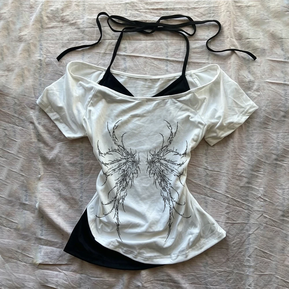 Gothic print fake two-piece top women's slim fit cut summer casual chic pattern T-shirt Y2K streetwear