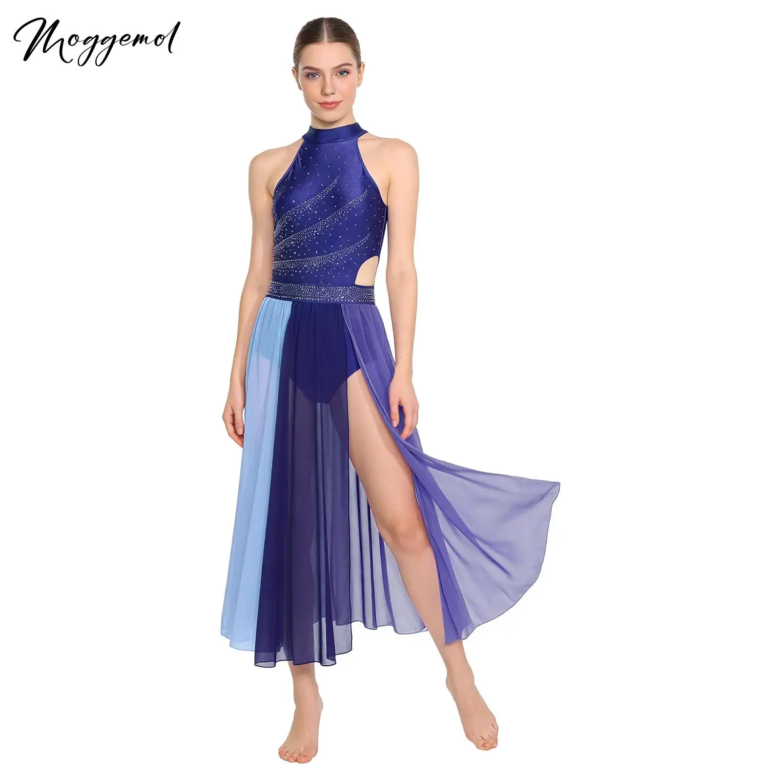 

Женское боди-платье для лирического танца с сетчатыми вставками, стразами, без рукавов, с разрезом по низу, костюм для современных выступлений