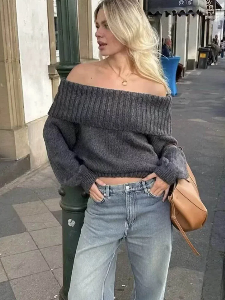 

HH женский осенний новый модный винтажный однотонный пуловер на одно плечо с лацканами, женский элегантный свободный вязаный топ с длинными рукавами