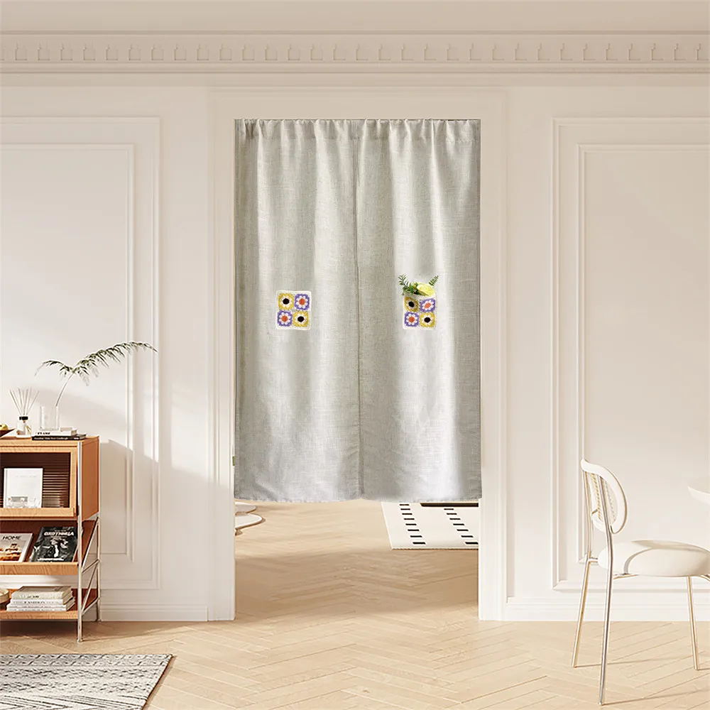 ستارة باب كتان بوهو مع جيب زهور ، ألواح نوافذ تصنعها بنفسك للفناء ، زجاج ، خصوصية المطبخ ، مقسم التقسيم ، ديكور غطاء الباب