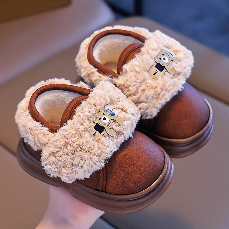 Winter Children\'s Cover Heel Cartoon Bear Fluffy Slippers Boys Girls Boots Non-slip Warm Home Kids Slip On Cotton-padded Shoes