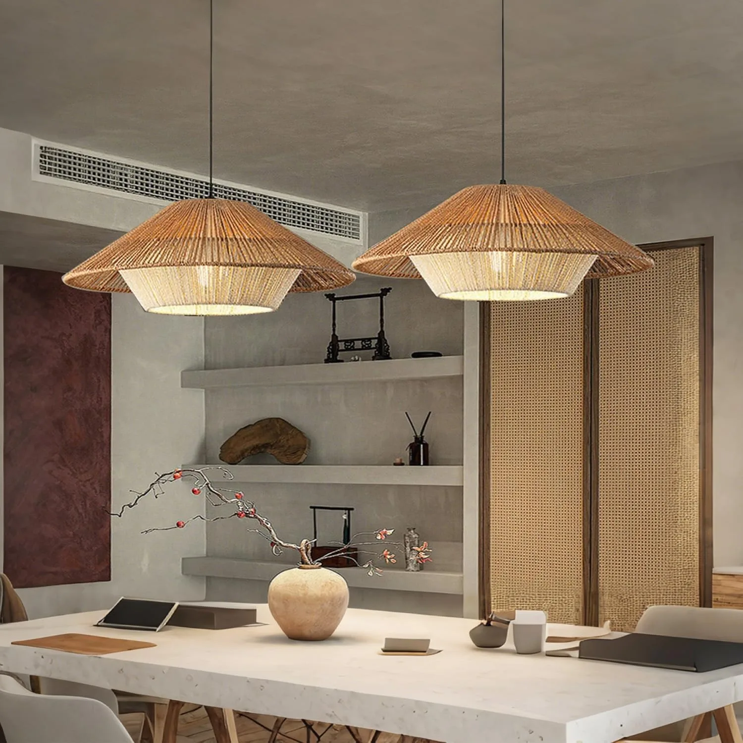 JOYINLED 20 Inch E27 Hand-Woven Pendant Light,Paper Rope Dual-Tone Shade Pendant Lamp, Rustic Dining Room Rattan Light Fixture