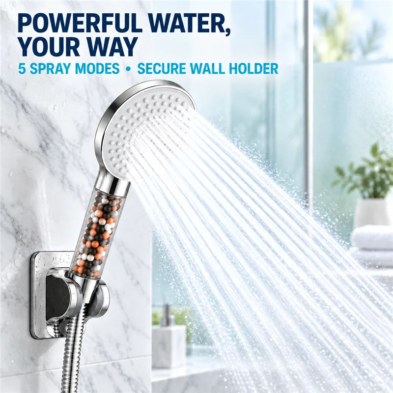 Bathroom 5-speed Handheld Shower Head Adjustment Filter Booster Negative Ion Hard Water Softening Shower Set