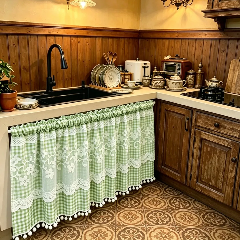 Decorative Lace Trim Oven Skirt Curtain Gingham Pattern Vintage Stove Cover Rustic Dishwasher Cover Home Decor