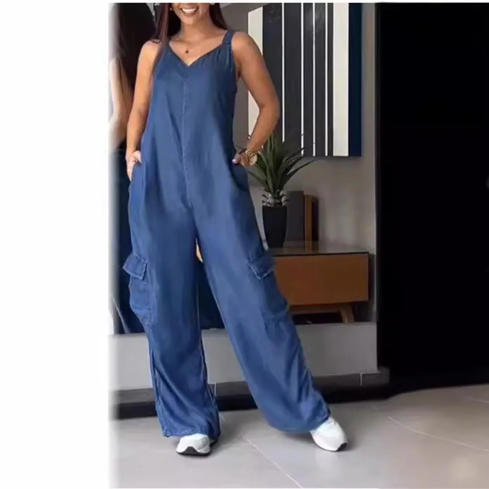 

Sexy V Neck Imitation Denim Jumpsuit Women Spring Pocket Straight Pant Playsuit Romper Summer High Waist Backless Strap Overalls