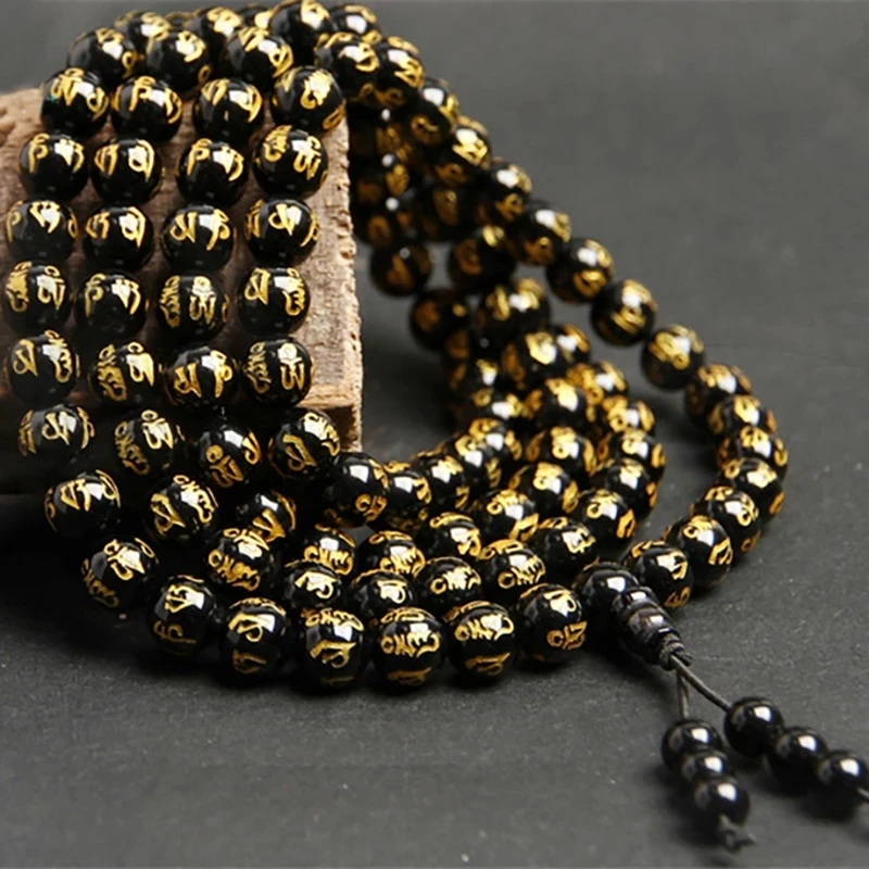 Natural Obsidian Six Words Bronzing 108 Beads Bracelet Fashion Jewelry With Many Layers Stretch Bracelets&Bangle For Men Women