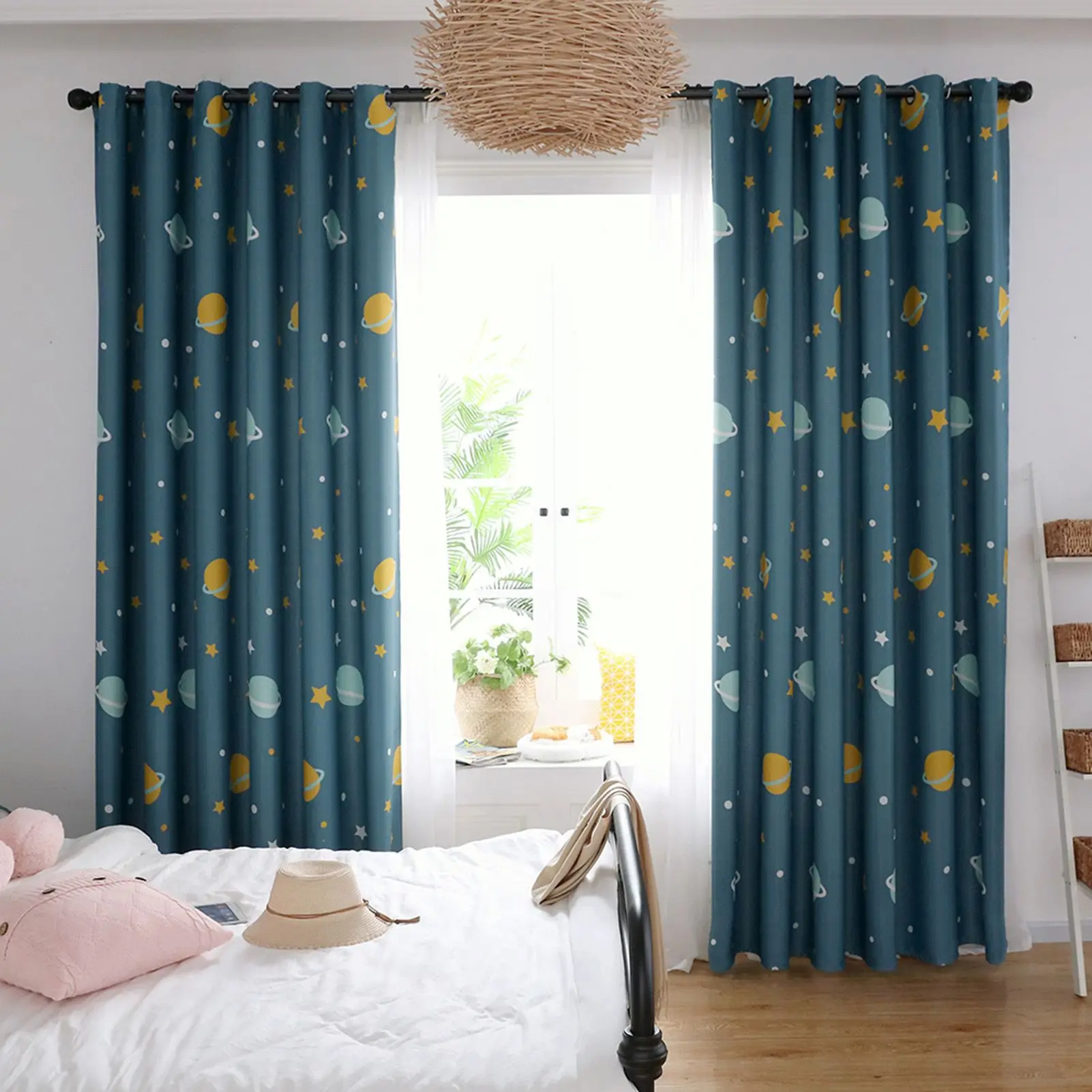 Cartoon Blue Planets Polyester Curtains Lightproof Curtain Bedroom Living Room