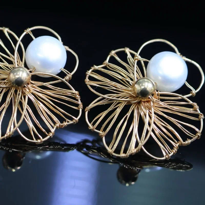 

SGARIT 14K Gold Filled Flower Earrings With Natural Freshwater Pearl Handmade Wire Wrapped Earrings For Women Fashion Jewelry