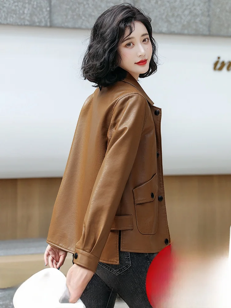  Giacca da donna in vera pelle Ning, stile casual, vestibilità ampia, in pelle di pecora, modello slimming, stile biker, per primavera e autunno, nuovo arrivo