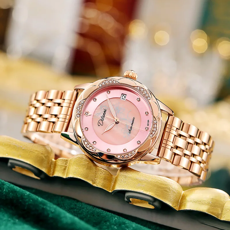 Women Brand Mechanical Watches Automatic Crystal Diamond Wristwatch Lady Waterproof Fashion Casual Luminous Calendar Date Clock