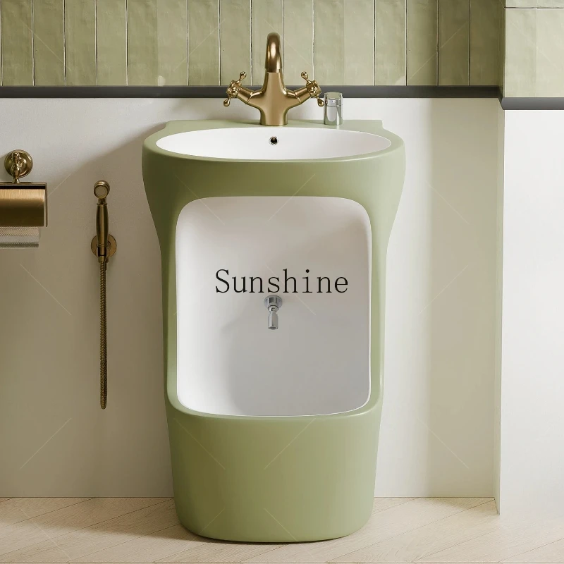 

Retro green ceramic integrated household wash basin, bathroom balcony floor-to-ceiling column basin