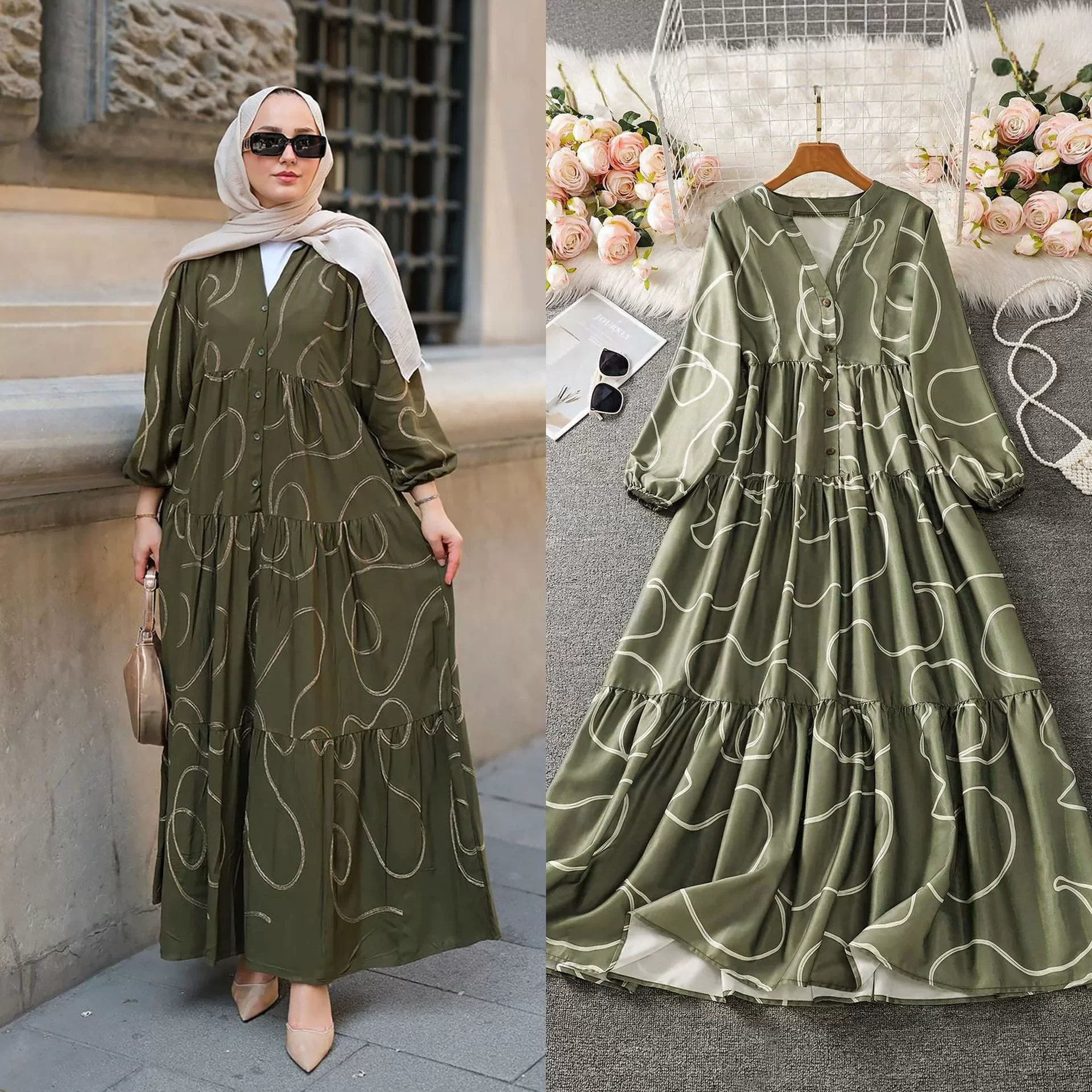 

Middle East Arab Dubai Islamic Robe Luxury Fashion Muslim Women's Long Printed Dress V-neck Loose Splicing Casual Long Dress