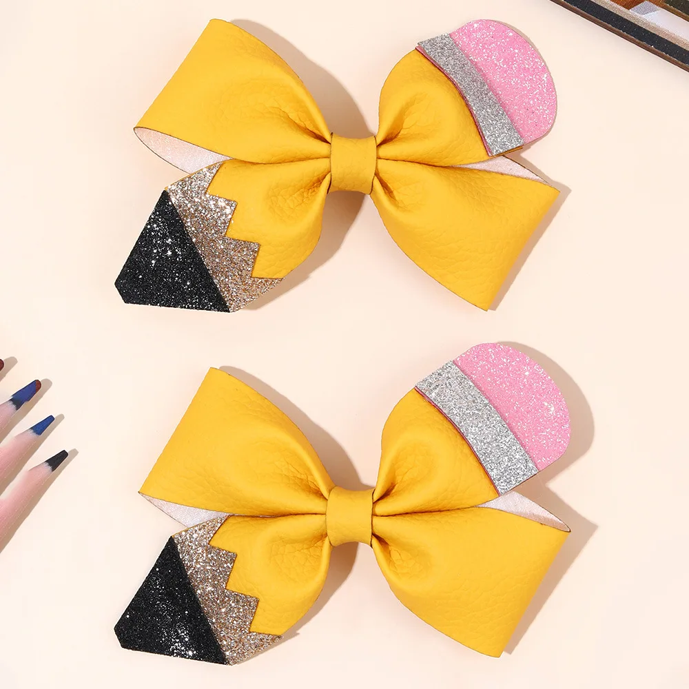 36pc PU Leather Hair Clips for Girls Crayon Pattern Bow Hairpin Kids Barrettes Pencil Print Hair Accessories for Back to School