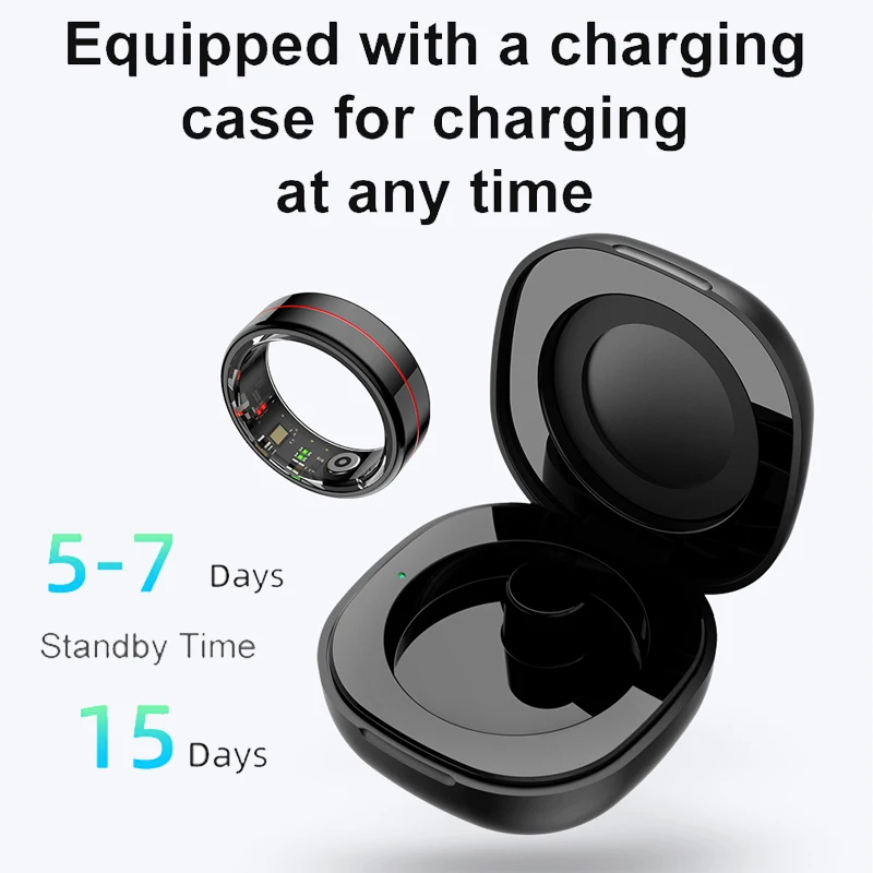 R04 Smart Ring Uomo Donna con custodia di ricarica, cardiofrequenzimetro e ossigeno nel sangue, impermeabile 5ATM, modalità multi-sport per Android IOS