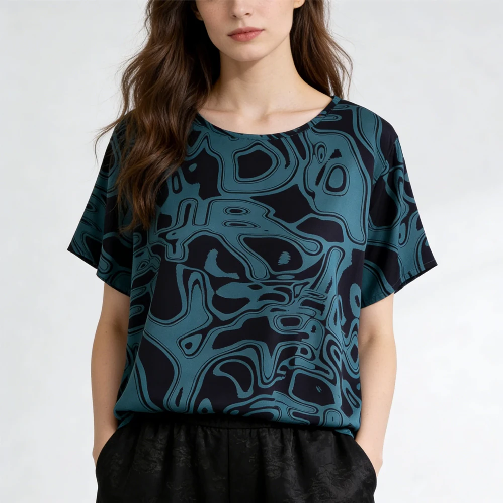 Women's Casual Summer New 92% Natural Mulberry Silk Elastic Double Qiao Satin Round Neck Short Sleeved Printed Loose T-shirt