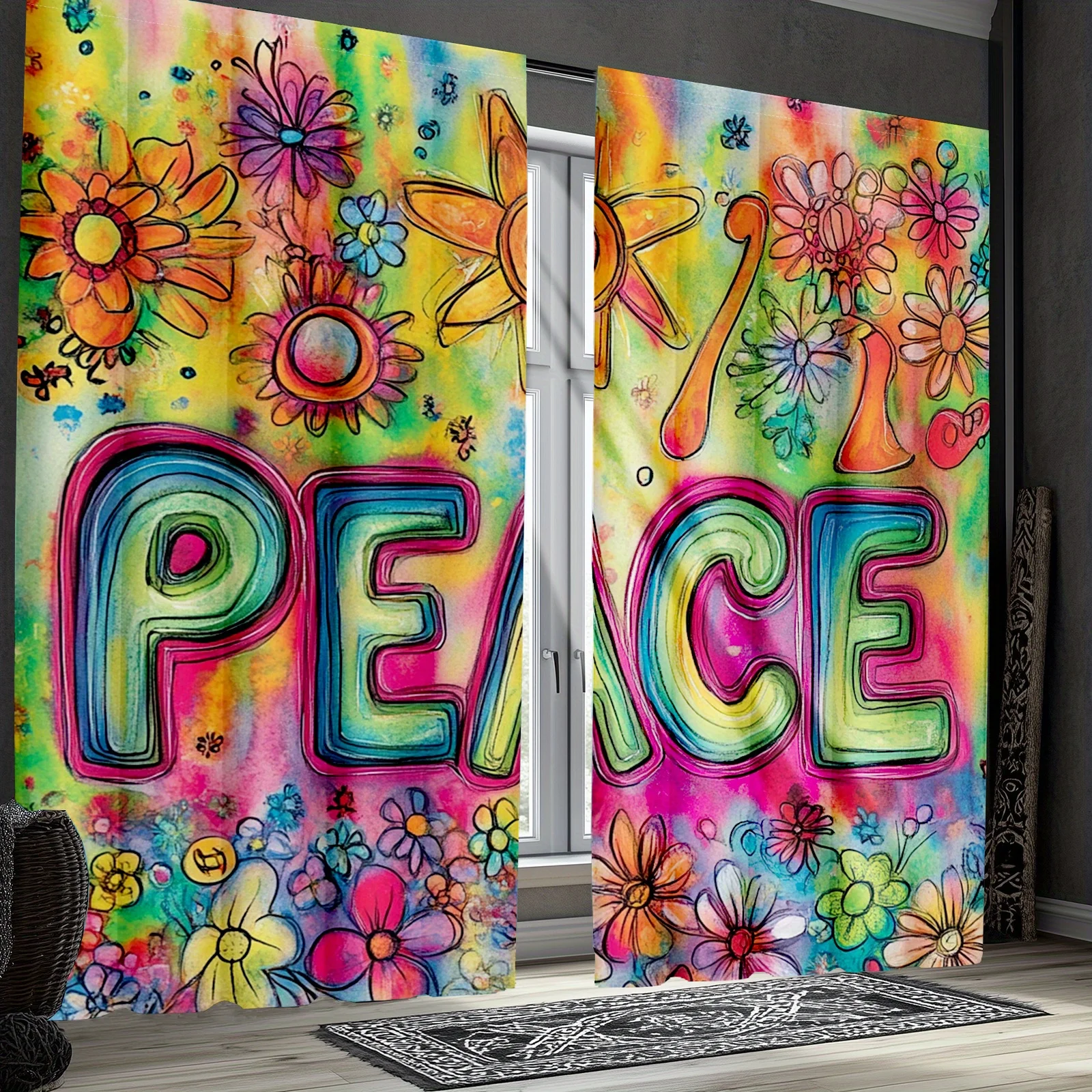 Peace Sign Curtain, Retro Hippie Flower Power Window Drape, 60s Psychedelic Art Blackout Panel, Living Room Bedroom Decor