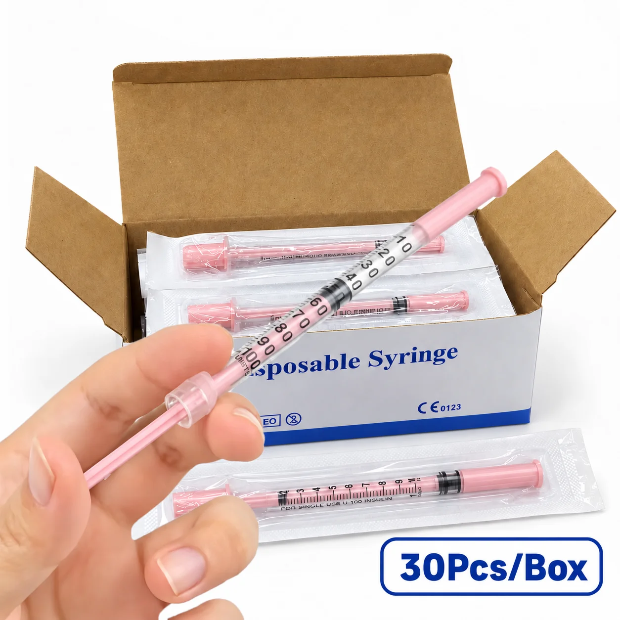 30Pcs Macaron Pastel Pink U-100 Insulin Syringes 1ml 30G 31G 8mm Sterile Single Use Individually Sealed Box Pack for Pets Lab