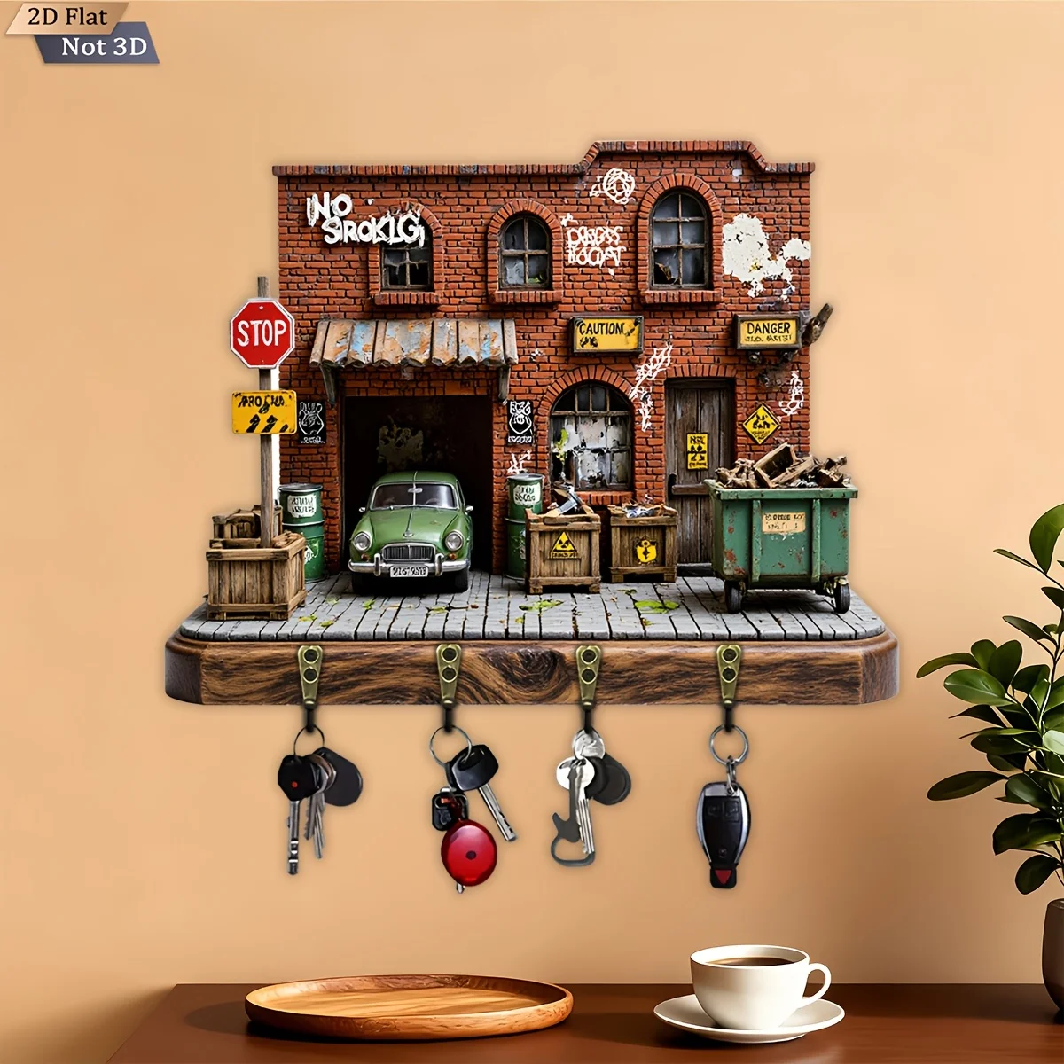 2D Flat, 1pc, Retro Industrial Ruins Theme Style Key Hook Wooden Multifunctional Home Key Rack, with Four Metal Hooks, Wall