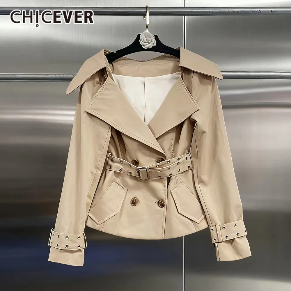 

CHICEVER Solid Patchwork Sashes Windbreaker for Women Lapel Long Sleeve Spliced Double Breasted Slim Jackets Female Autumn Style
