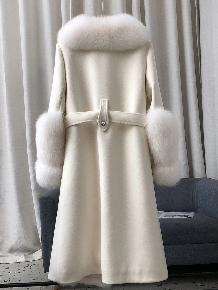 2023 New Winter Women  Natural Fox Fur Collar  Long White Goose Down Jacket Wool Coat Warm CoatThick Luxury Female Coats