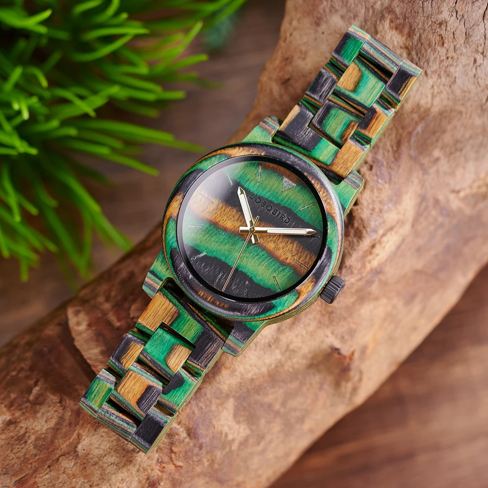 BOBO BIRD Colorful Wood Men's Watch Japanese Quartz Movement Wristwatch Relogio Masculino Clock Male Timepiece Customized