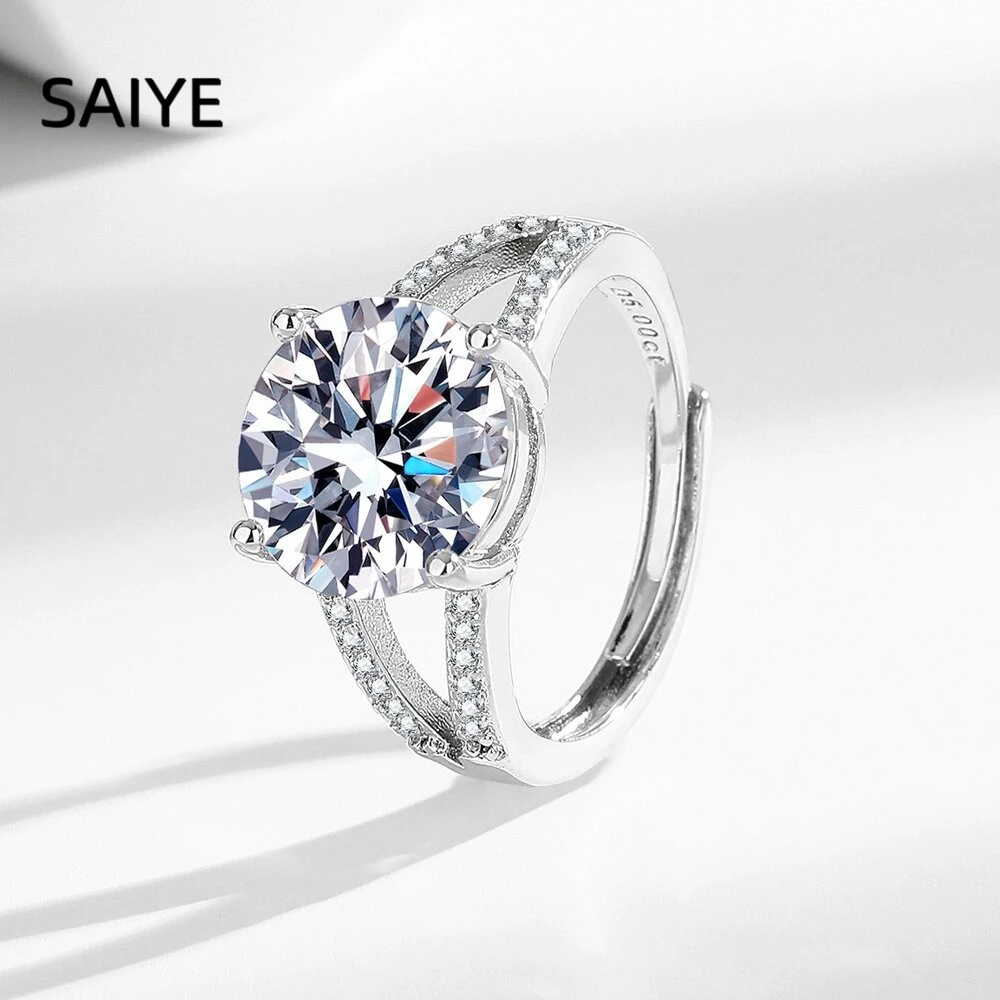 925 Sterling Silver Round Cut Cubic Zirconia Adjustable Ring for Women Double Split Shank Pave CZ Band Solitaire Jewelry Gift