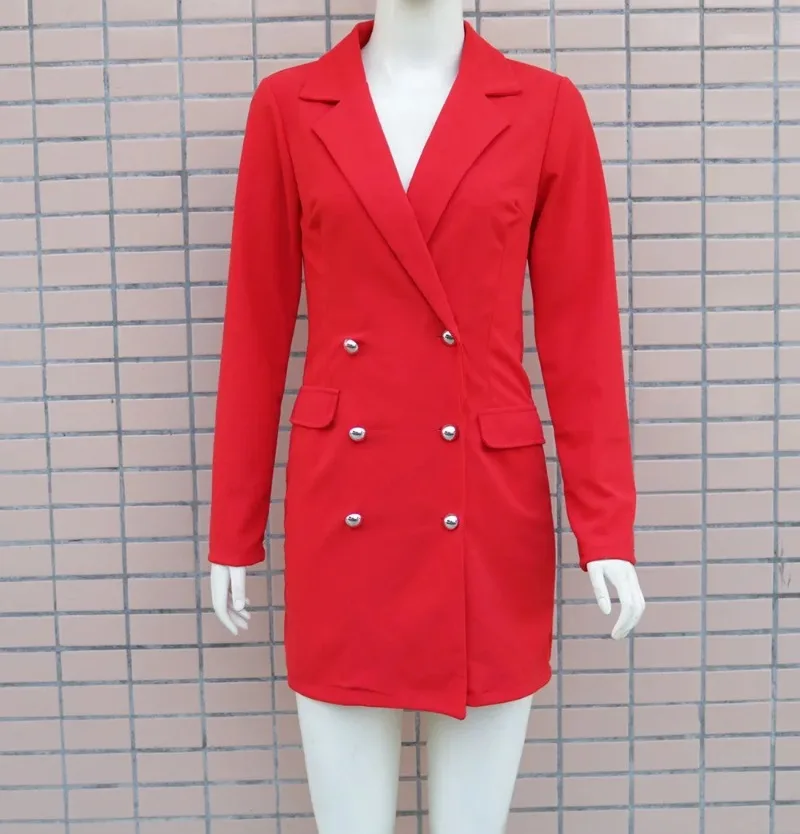 Robe blazer boutonnée à double boutonnage pour femmes, vêtements de travail, col en V, manches longues, automne, rouge, mini robe décontractée,