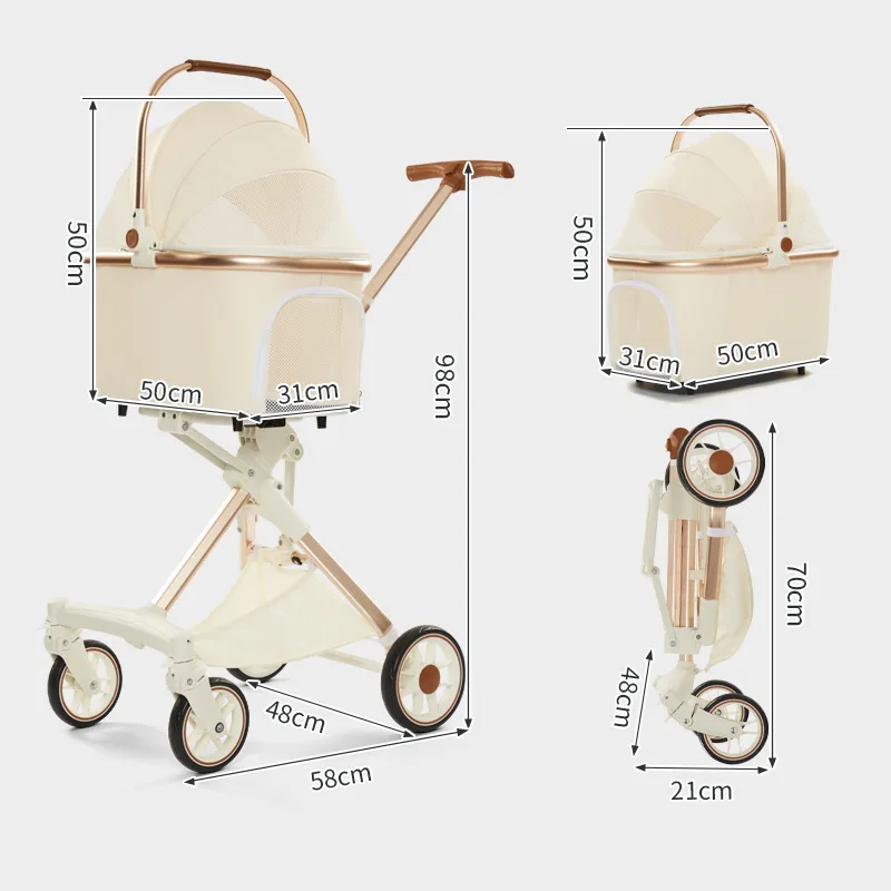 Foldable Strollers For Dogs Cats Milk White PU High Landscape Pet Stroller Outdoor Travel Pet Trolley Bearing Weight 15 KG