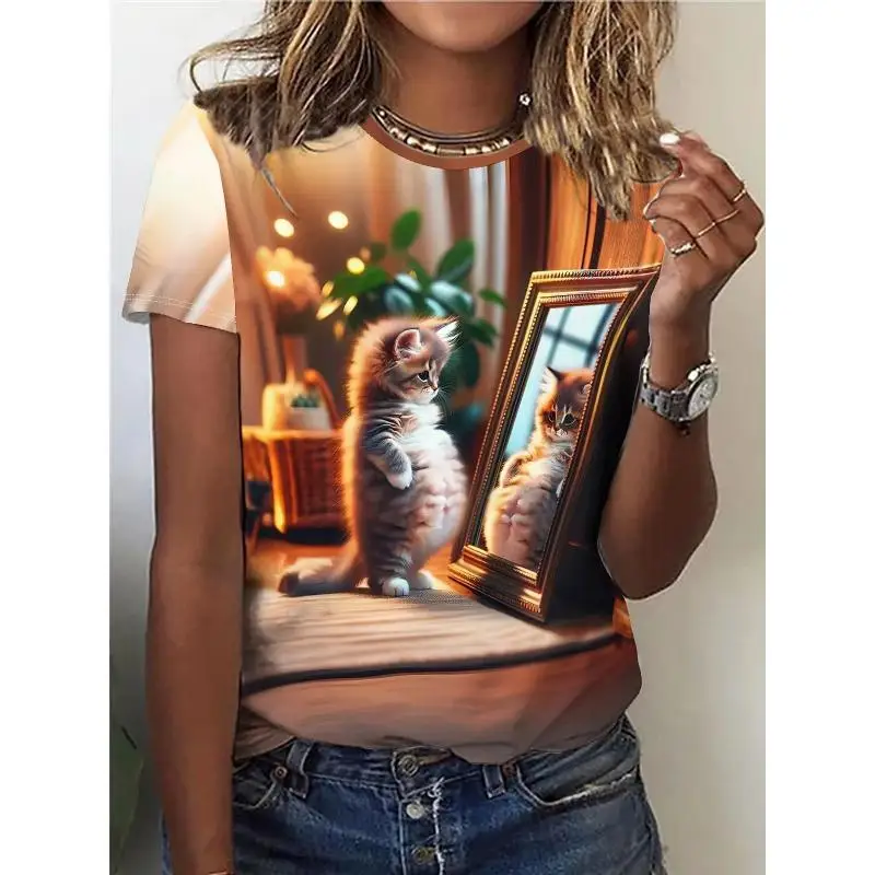 المرأة تي شيرت الحيوان ثلاثية الأبعاد طباعة المحملة الصيف موضة الشارع عادية س الرقبة قصيرة الأكمام تي شيرت Y2k بلايز Harajuku الملابس النسائية