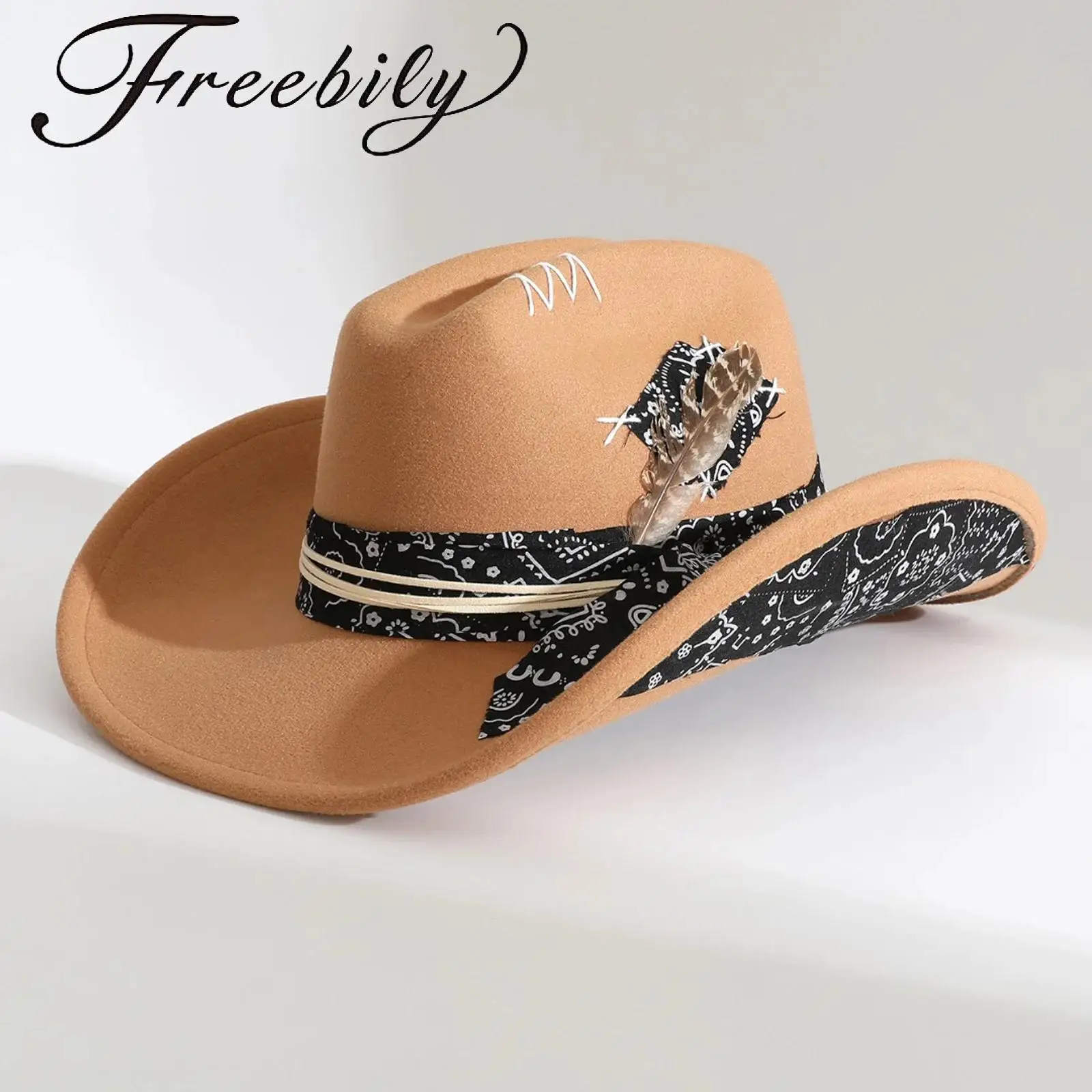 

Men Women Vintage Wide Brim Fedora Hats Feather Decor Western Cowboy Hat for Felt Panama Hat Dress Up
