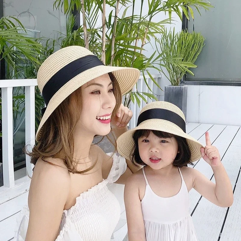 Sombrero de protección solar para madre e hijo, sombrero de paja con protección solar para viaje, versión coreana, cúpula de playa, 2 piezas