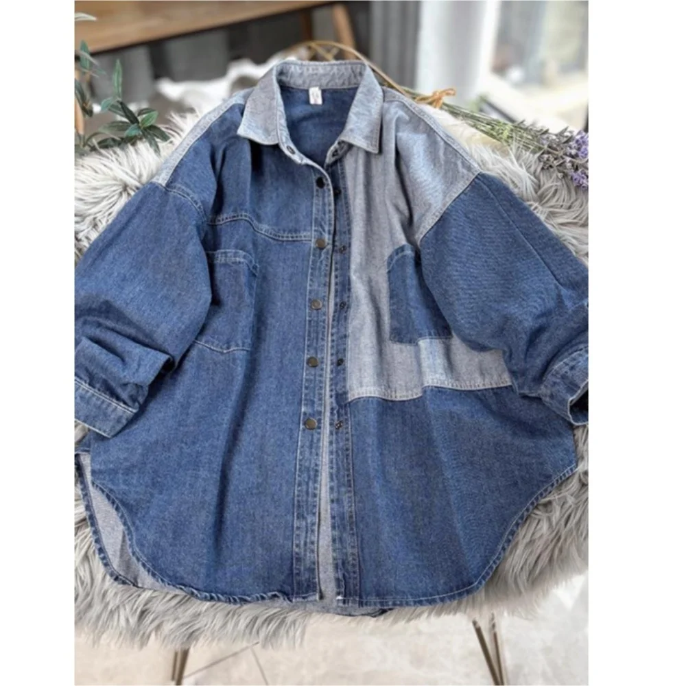 Spring Autumn Design Feel Loose Color Blocked Long Sleeved Denim Shirt Washed Top Coat MCP014