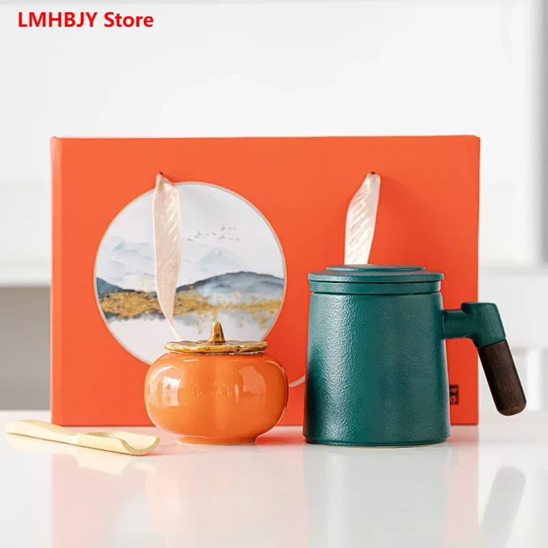 LMHBJY LMHBJY 430ml Tea Separation Office Cup Wooden Handle with Lid Filter Tea Making Cup Ceramic Mug Business Hand Gift Set