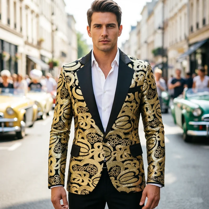Men's Luxury Gold Sequin Blazer , Black Velvet Lapel Floral Suit Jacket Sparkly Coats for Prom Wedding Party Stage Performance