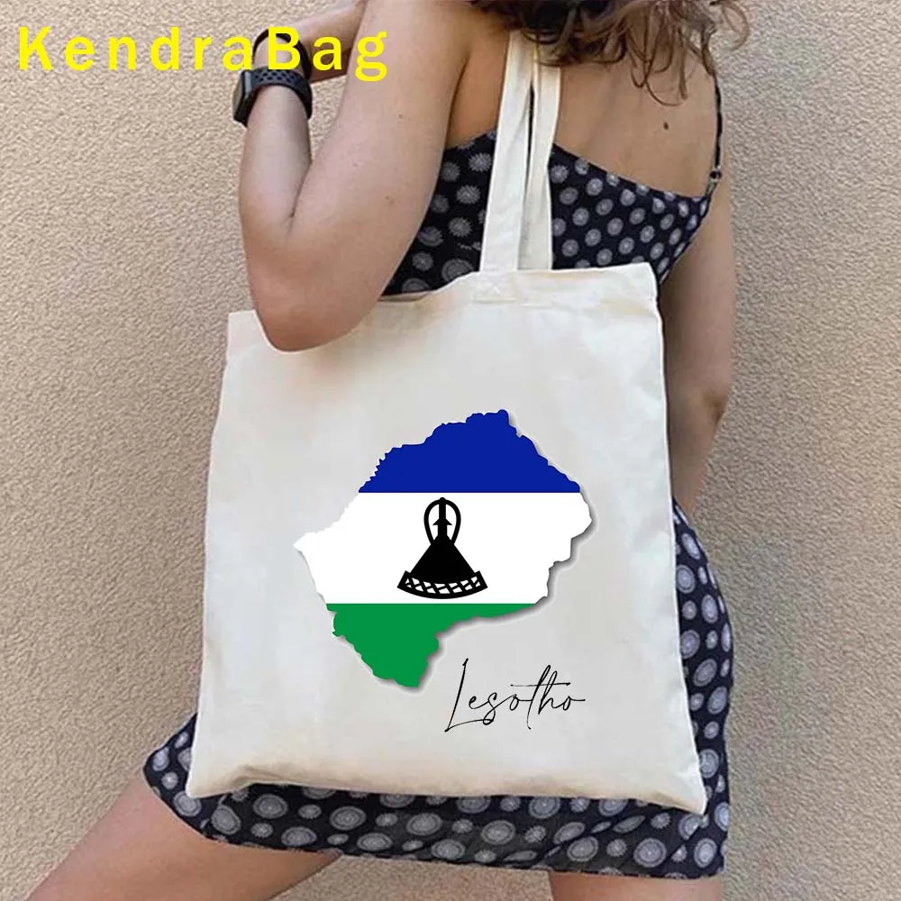 Lesotho Country Map Flag Love Heart Africa Travel Gifts Mountain Palms Canvas Shoulder Tote Bag Shopper Cotton Reusable Handbags