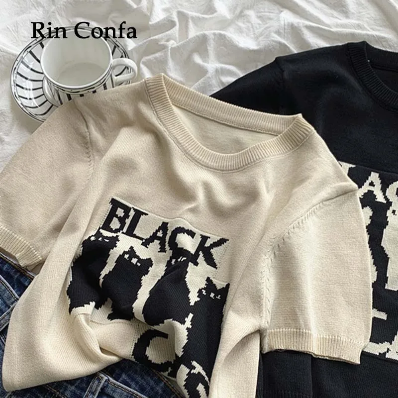 

Rin Confa Retro Embroidered Tops Korean Style Ins Fashionable Loose Short-Sleeved T-shirt Women 'S All-Match O- Neck Sweater Top